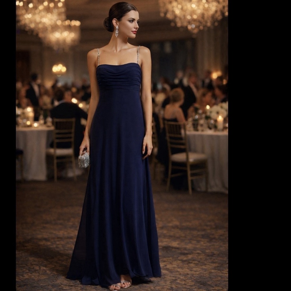 Chaps Ralph Lauren 16 Evening gown Navy Bridesmaid Mother Of Bride Beaded Straps